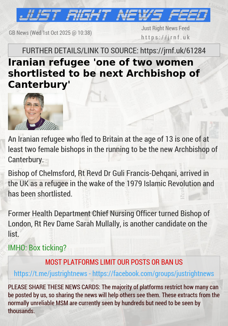 Iranian refugee ’one of two women shortlisted to be next Archbishop of Canterbury’