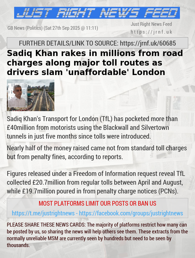 Sadiq Khan rakes in millions from road charges along major toll routes as drivers slam ’unaffordable’ London