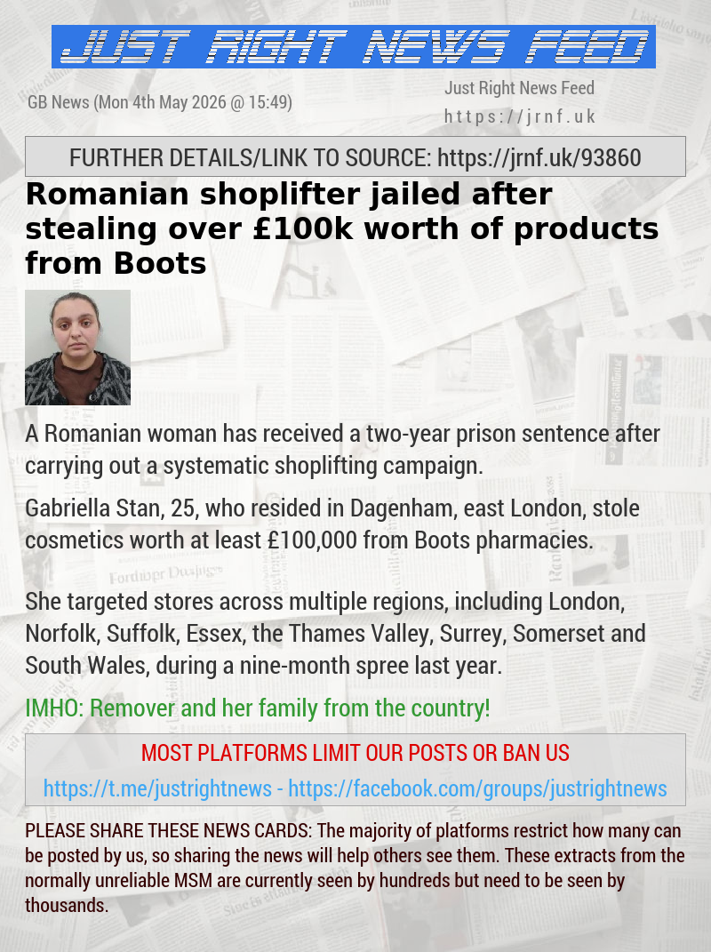 Romanian shoplifter jailed after stealing over &pound;100k worth of products from Boots