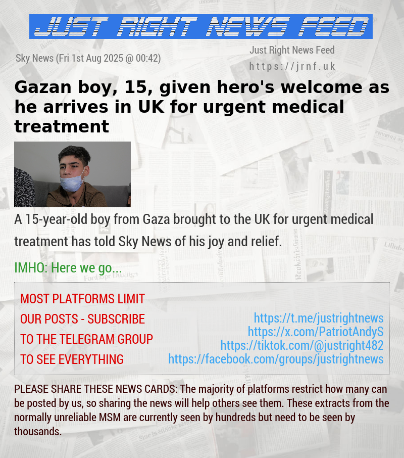Gazan boy, 15, given hero’s welcome as he arrives in UK for urgent medical treatment