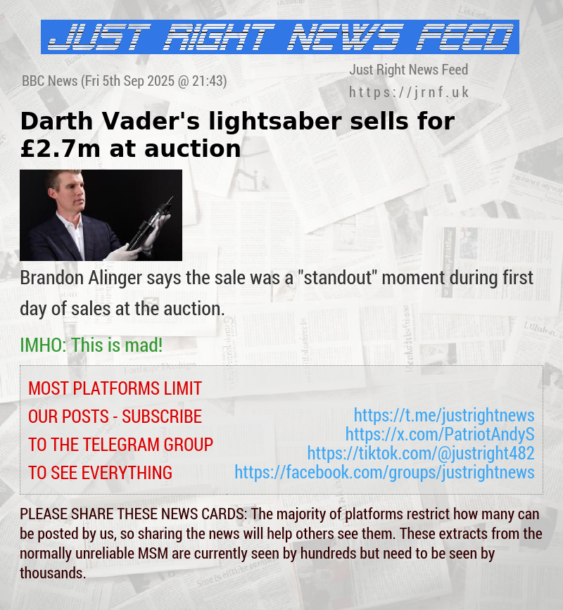 Darth Vader’s lightsaber sells for £2.7m at auction