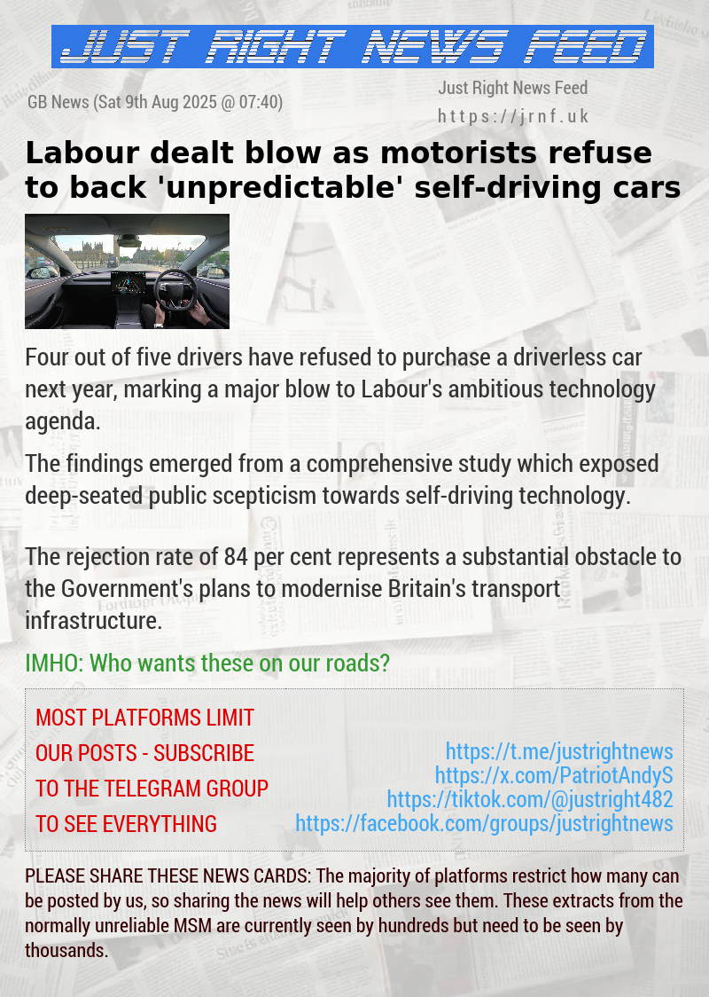 Labour dealt blow as motorists refuse to back ’unpredictable’ self—driving cars