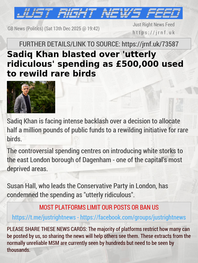 Sadiq Khan blasted over ’utterly ridiculous’ spending as &pound;500,000 used to rewild rare birds