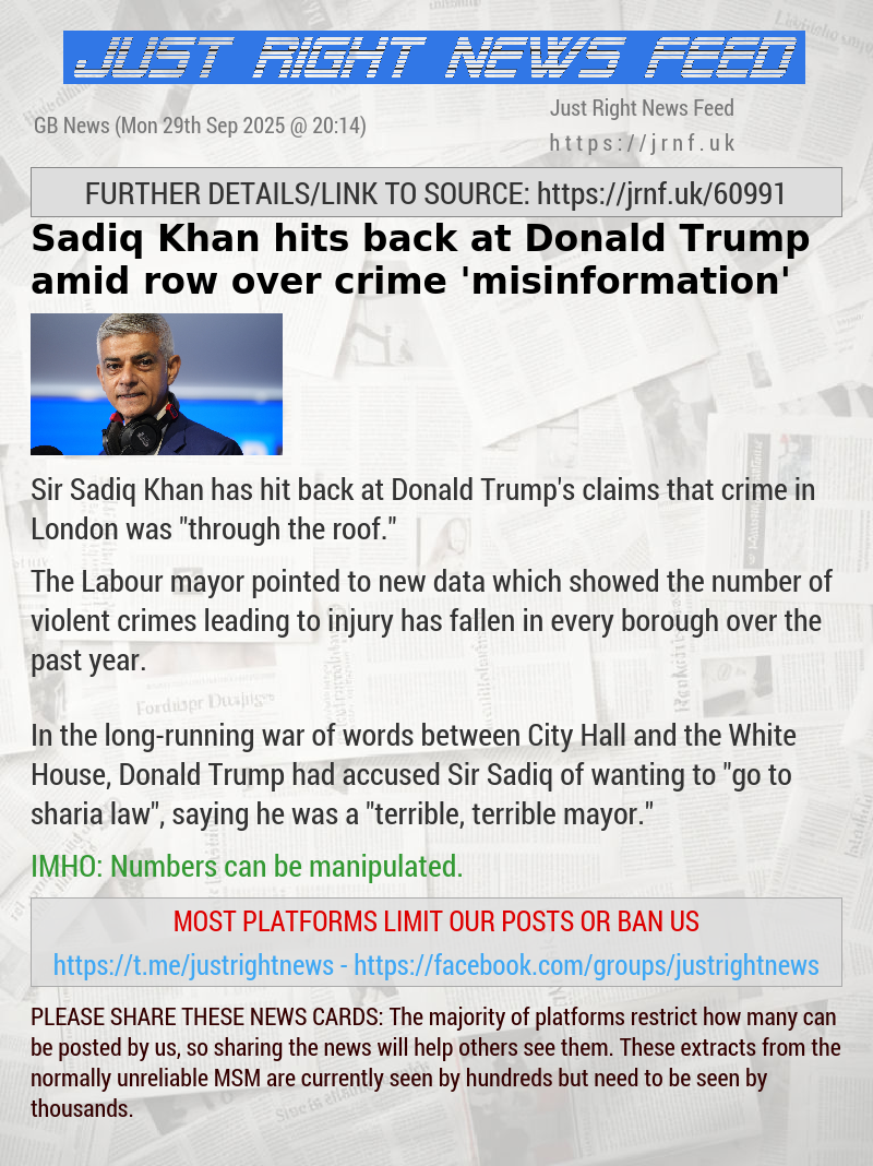 Sadiq Khan hits back at Donald Trump amid row over crime ’misinformation’