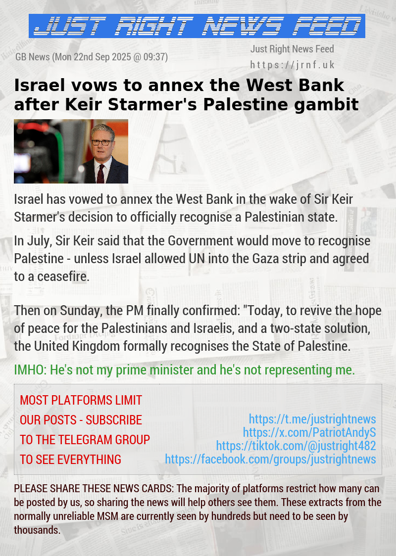 Israel vows to annex the West Bank after Keir Starmer’s Palestine gambit