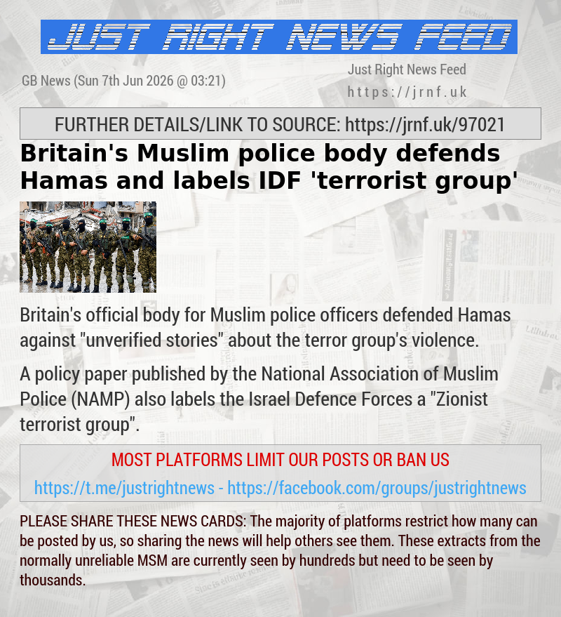 Britain’s Muslim police body defends Hamas and labels IDF ’terrorist group’
