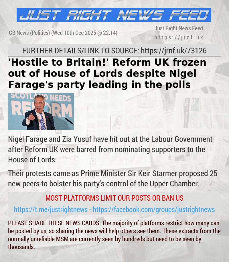 ’Hostile to Britain!’ Reform UK frozen out of House of Lords despite Nigel Farage’s party leading in the polls