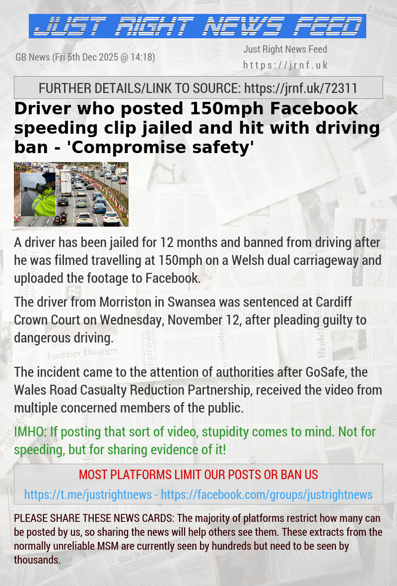 Driver who posted 150mph Facebook speeding clip jailed and hit with driving ban — ’Compromise safety’