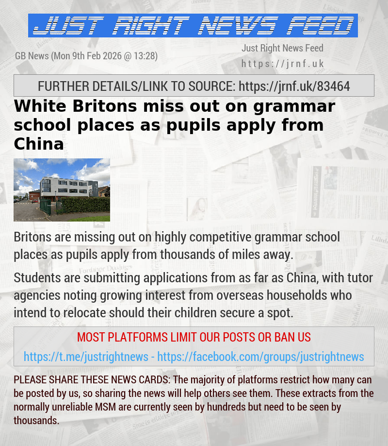 White Britons miss out on grammar school places as pupils apply from China