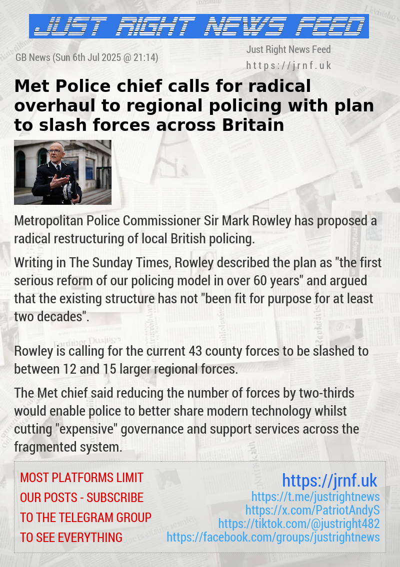 Met Police chief calls for radical overhaul to regional policing with plan to slash forces across Britain