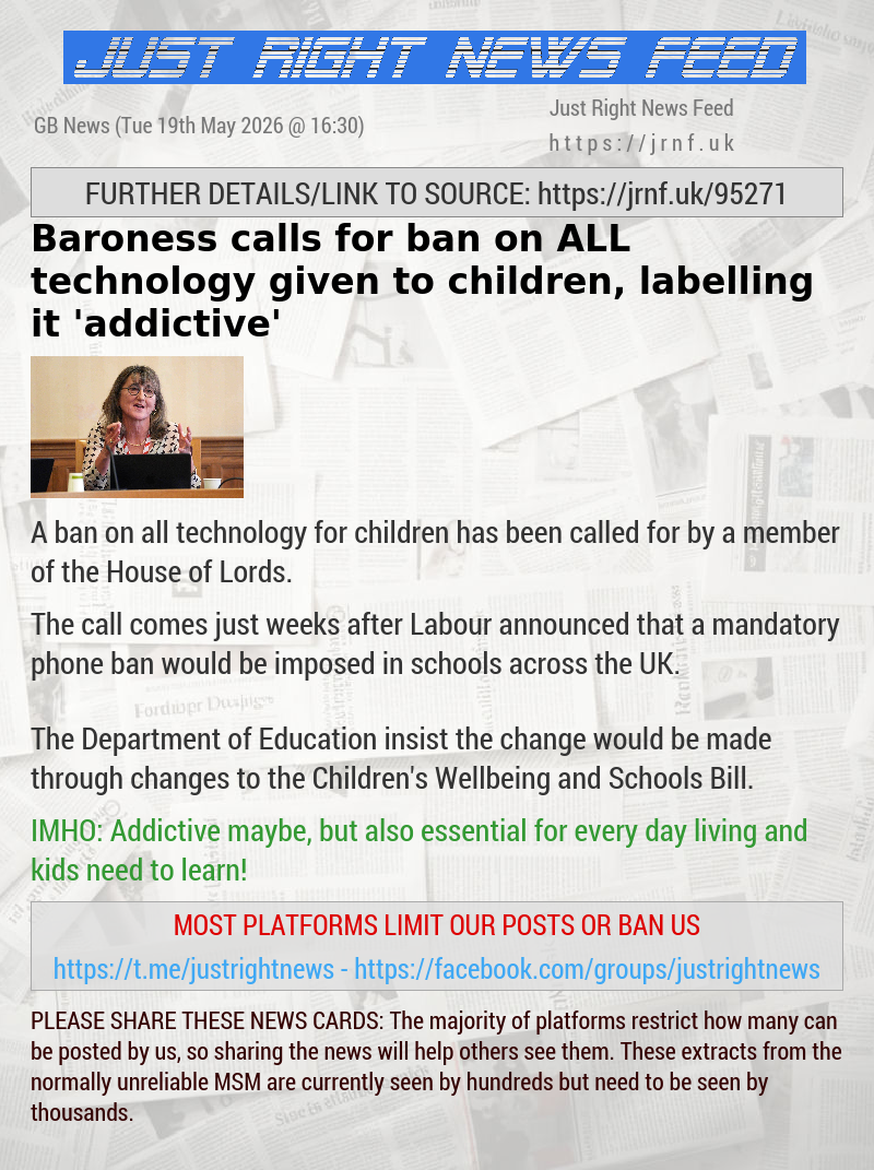 Baroness calls for ban on ALL technology given to children, labelling it ’addictive’