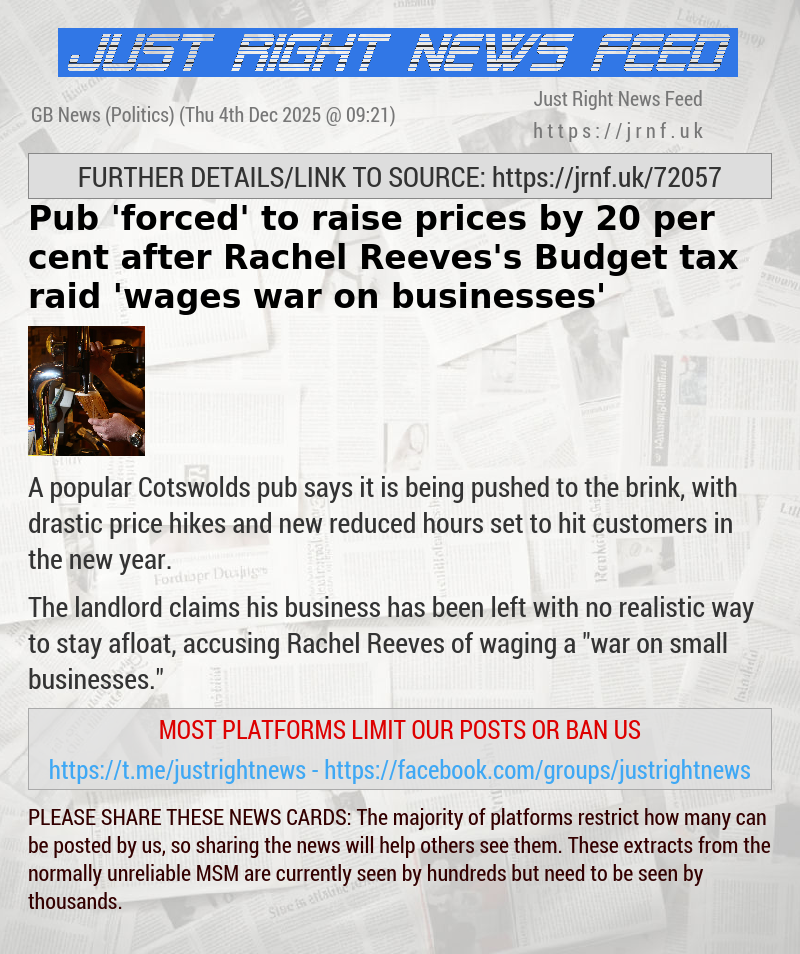 Pub ’forced’ to raise prices by 20 per cent after Rachel Reeves’s Budget tax raid ’wages war on businesses’