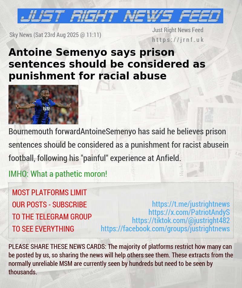 Antoine Semenyo says prison sentences should be considered as punishment for racial abuse