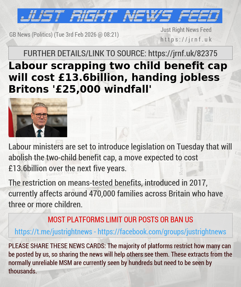 Labour scrapping two—child benefit cap will cost &pound;13.6billion, handing jobless Britons ’&pound;25,000 windfall’