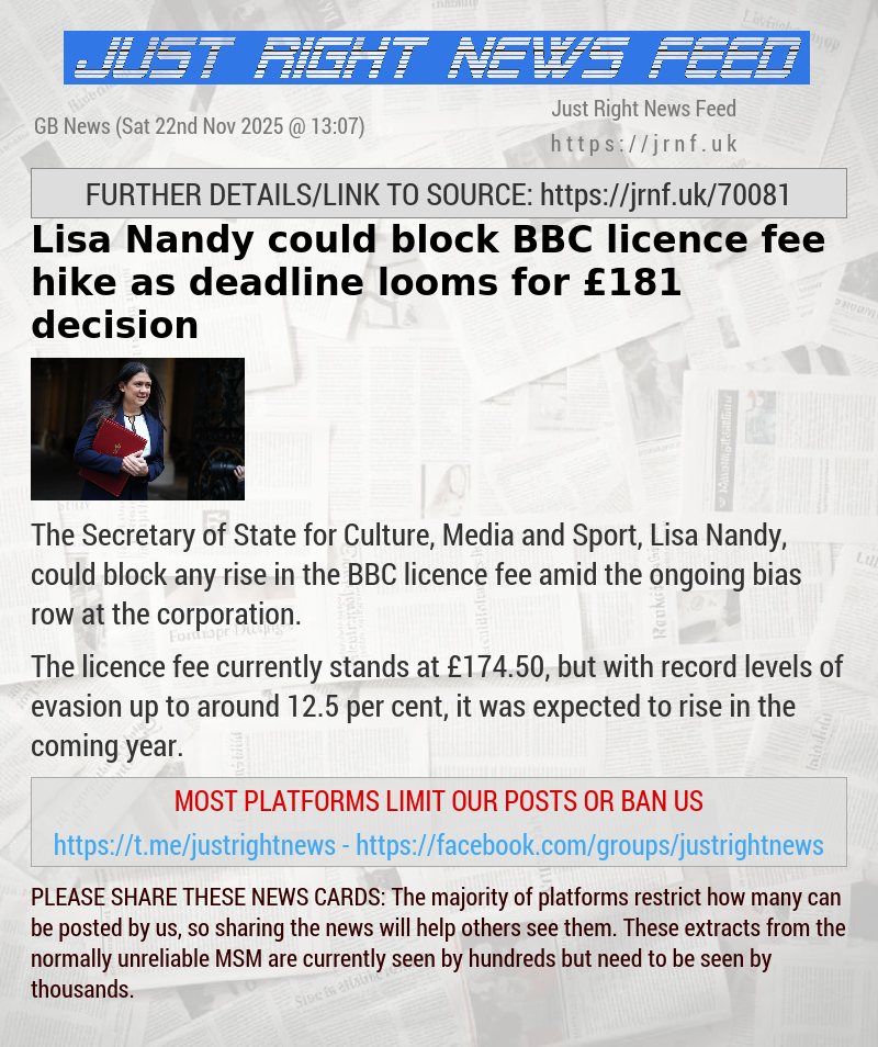 Lisa Nandy could block BBC licence fee hike as deadline looms for &pound;181 decision