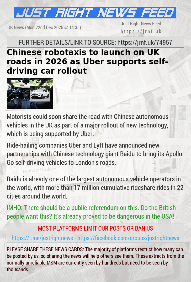 Chinese robotaxis to launch on UK roads in 2026 as Uber supports self—driving car rollout