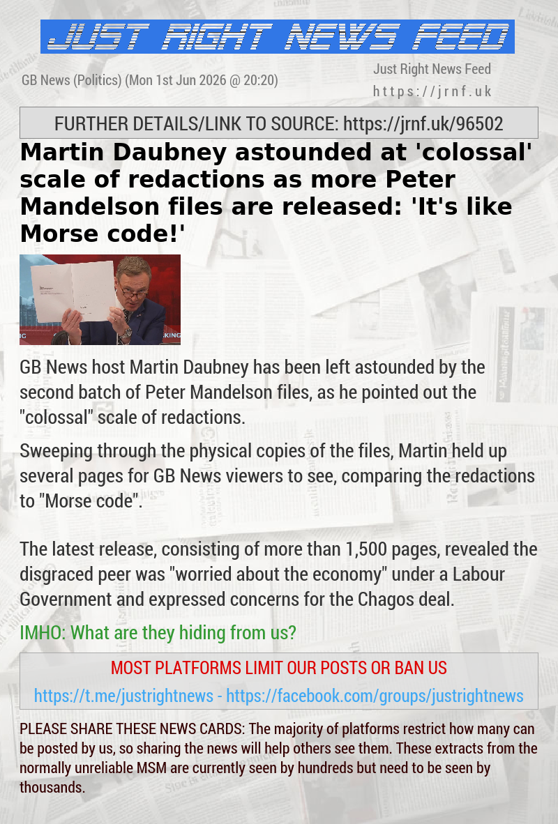 Martin Daubney astounded at ’colossal’ scale of redactions as more Peter Mandelson files are released: ’It’s like Morse code!’