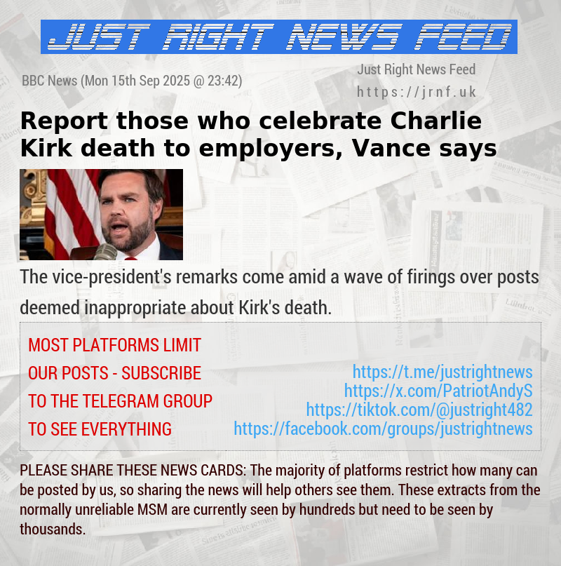 Report those who celebrate Charlie Kirk death to employers, Vance says
