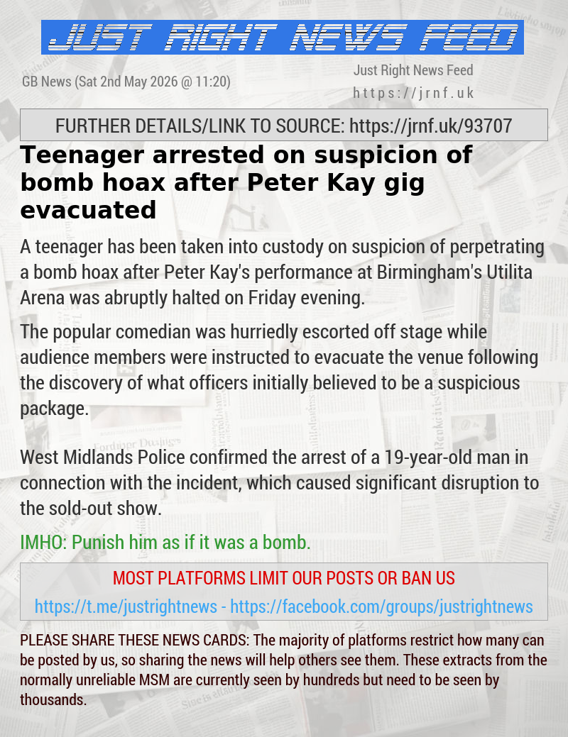 Teenager arrested on suspicion of bomb hoax after Peter Kay gig evacuated
