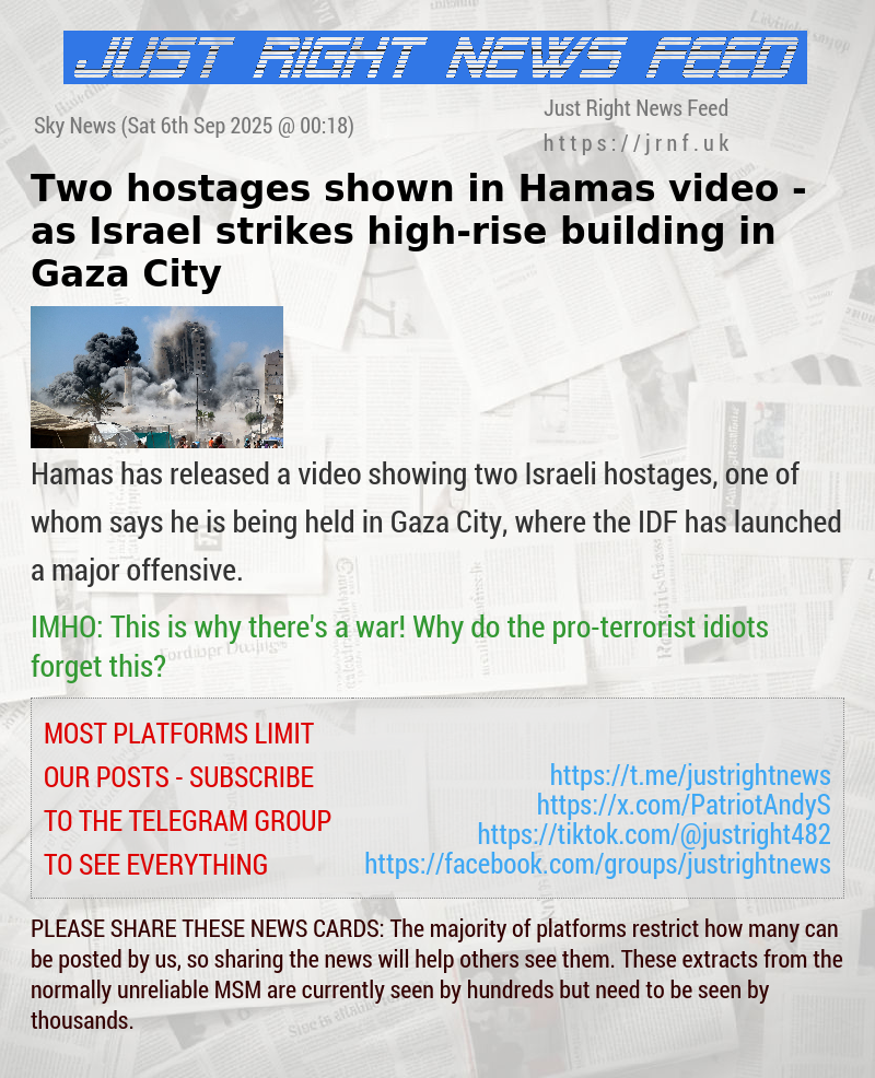 Two hostages shown in Hamas video — as Israel strikes high—rise building in Gaza City