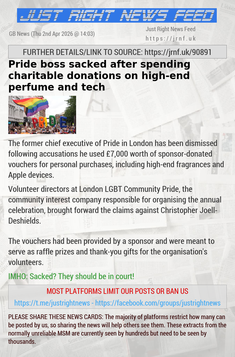 Pride boss sacked after spending charitable donations on high—end perfume and tech