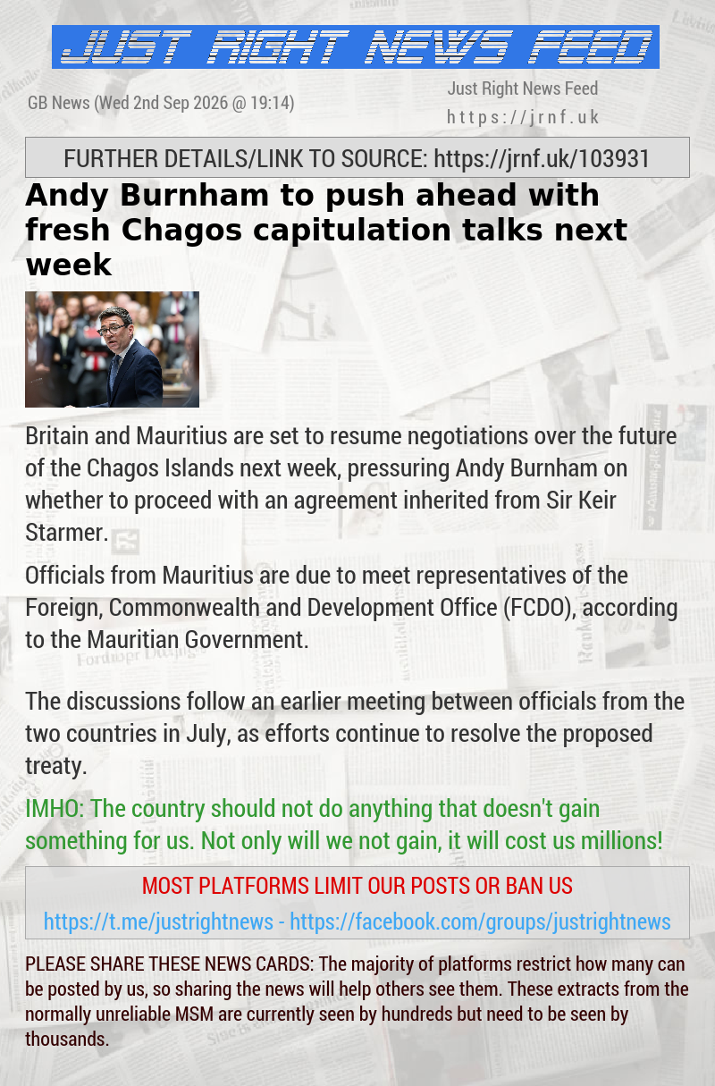 Andy Burnham to push ahead with fresh Chagos capitulation talks next week