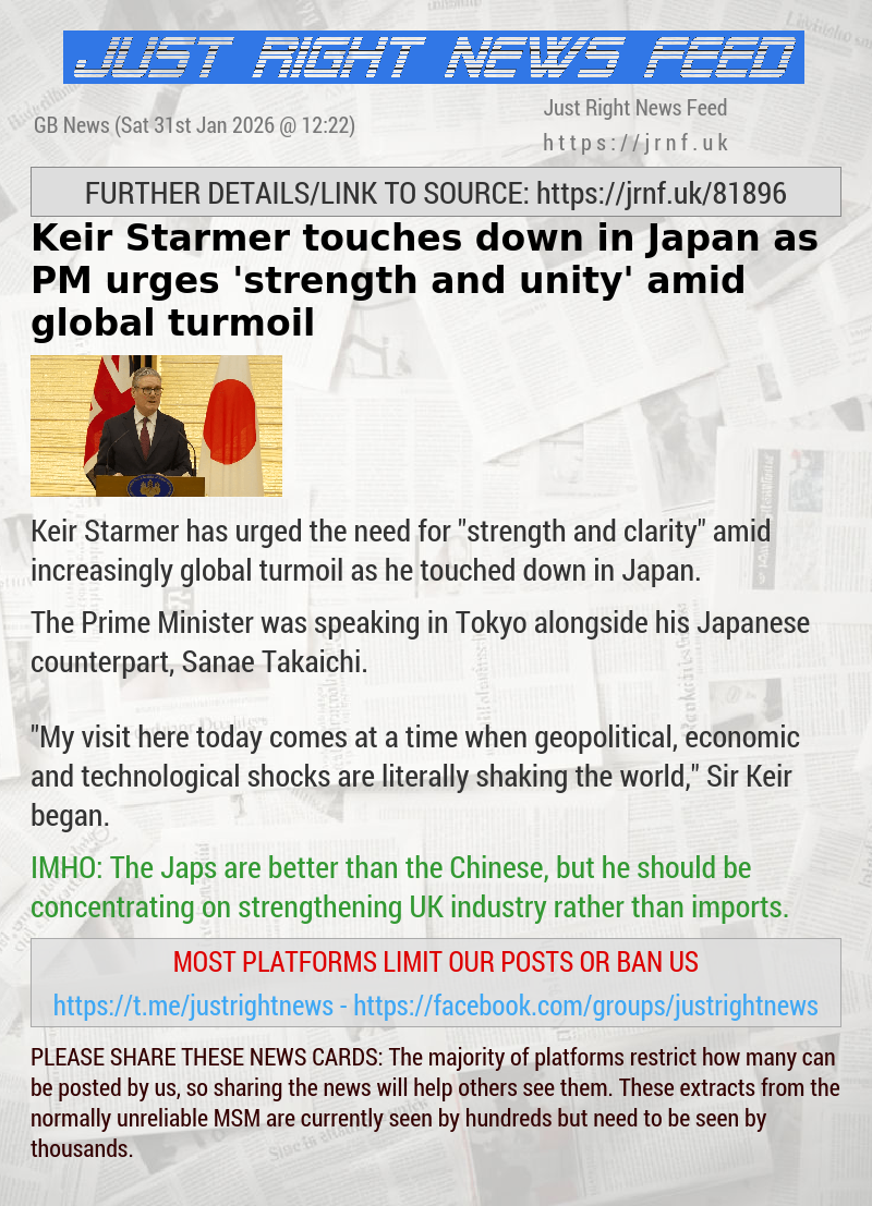 Keir Starmer touches down in Japan as PM urges ’strength and unity’ amid global turmoil