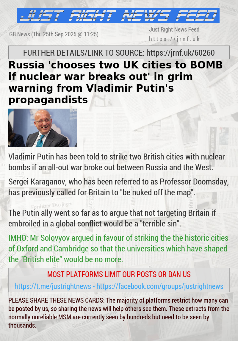Russia ’chooses two UK cities to BOMB if nuclear war breaks out’ in grim warning from Vladimir Putin’s propagandists
