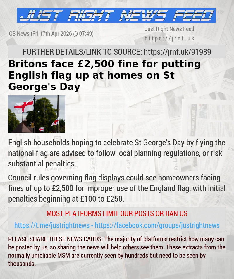 Britons face &pound;2,500 fine for putting English flag up at homes on St George’s Day