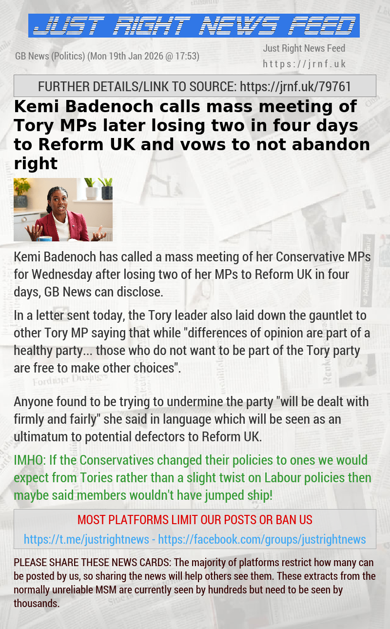 Kemi Badenoch calls mass meeting of Tory MPs later losing two in four days to Reform UK and vows to not abandon right