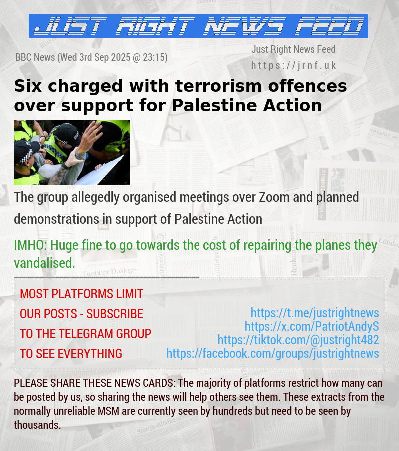 Six charged with terrorism offences over support for Palestine Action 