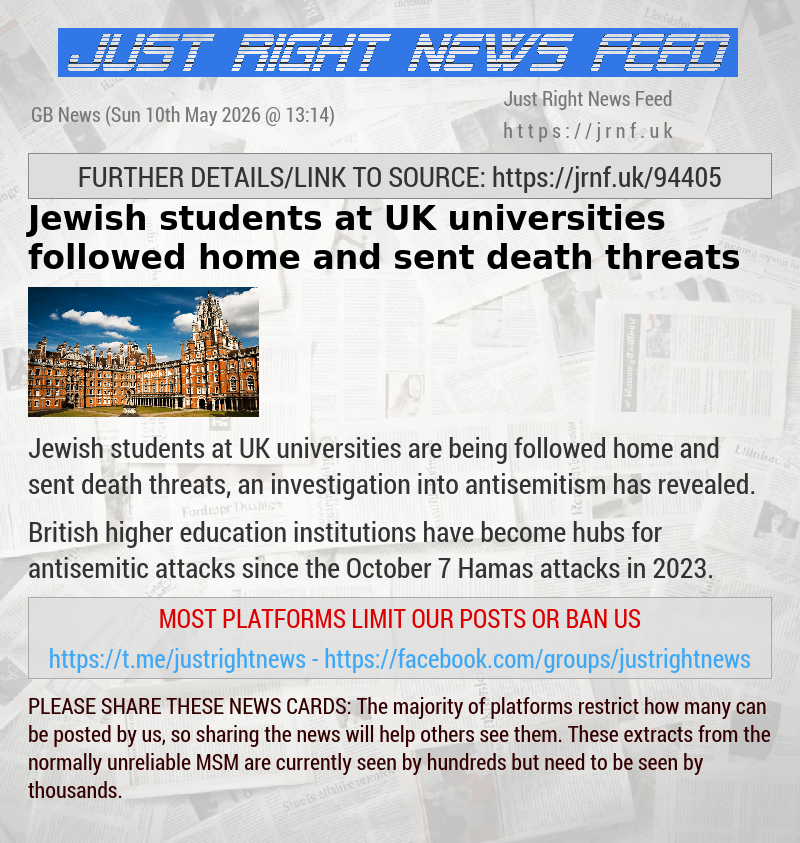 Jewish students at UK universities followed home and sent death threats