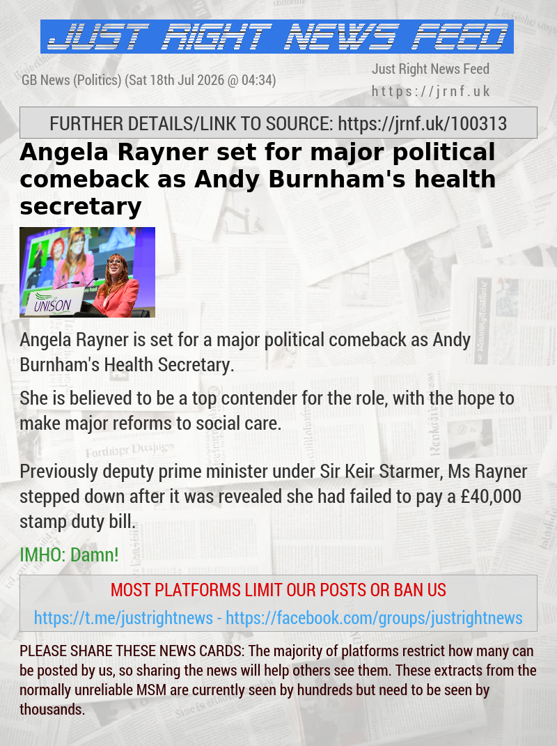 Angela Rayner set for major political comeback as Andy Burnham’s health secretary