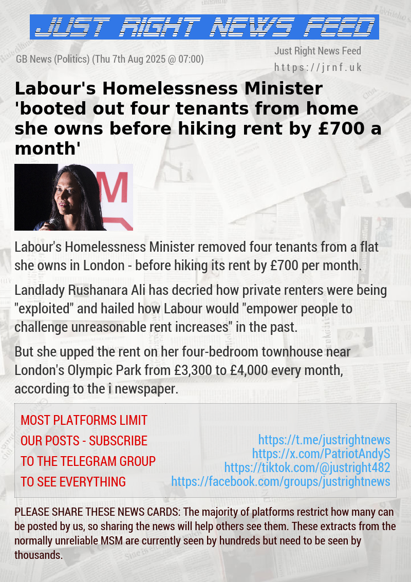 Labour’s Homelessness Minister ’booted out four tenants from home she owns before hiking rent by &pound;700 a month’