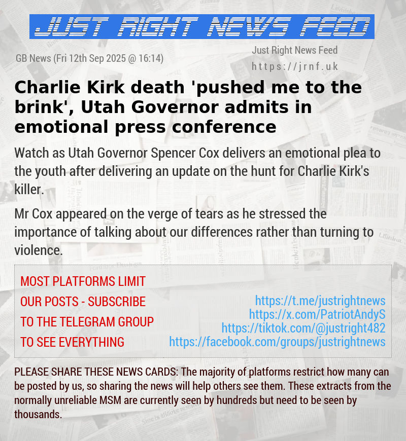 Charlie Kirk death ’pushed me to the brink’, Utah Governor admits in emotional press conference