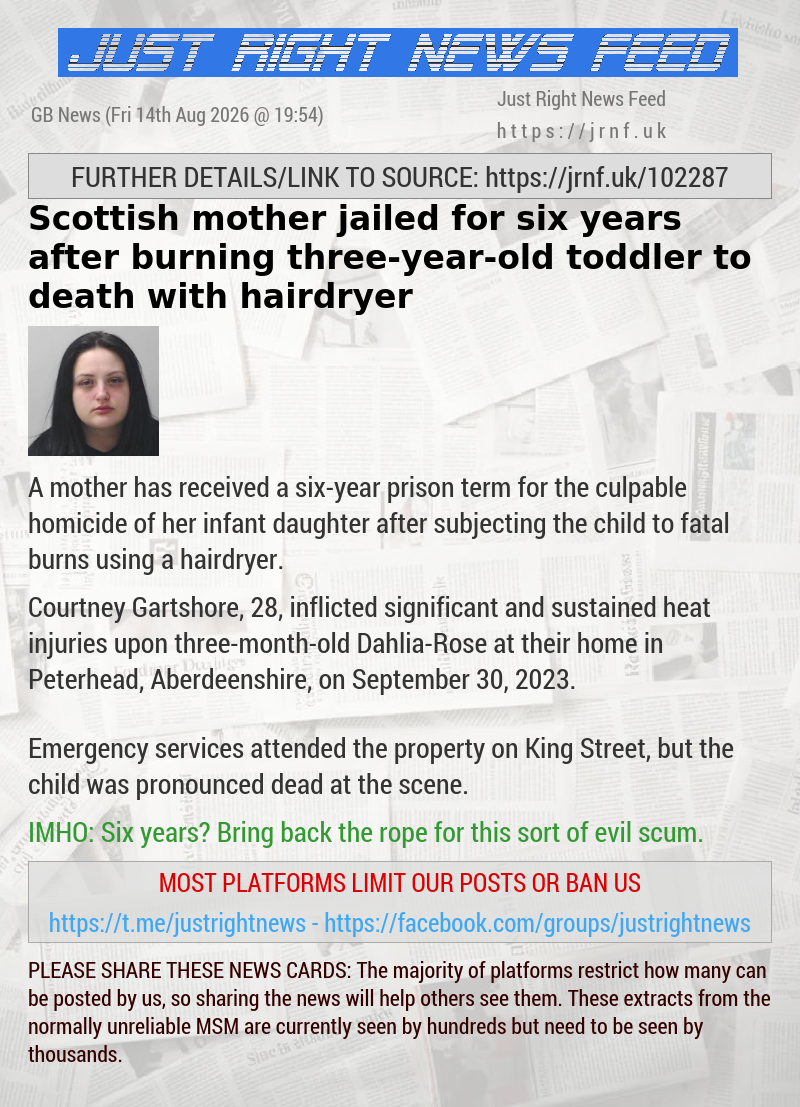 Scottish mother jailed for six years after burning three—year—old toddler to death with hairdryer