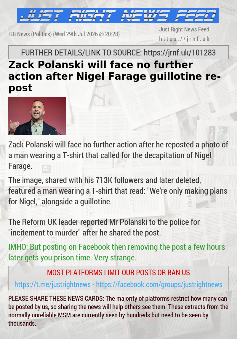 Zack Polanski will face no further action after Nigel Farage guillotine re—post
