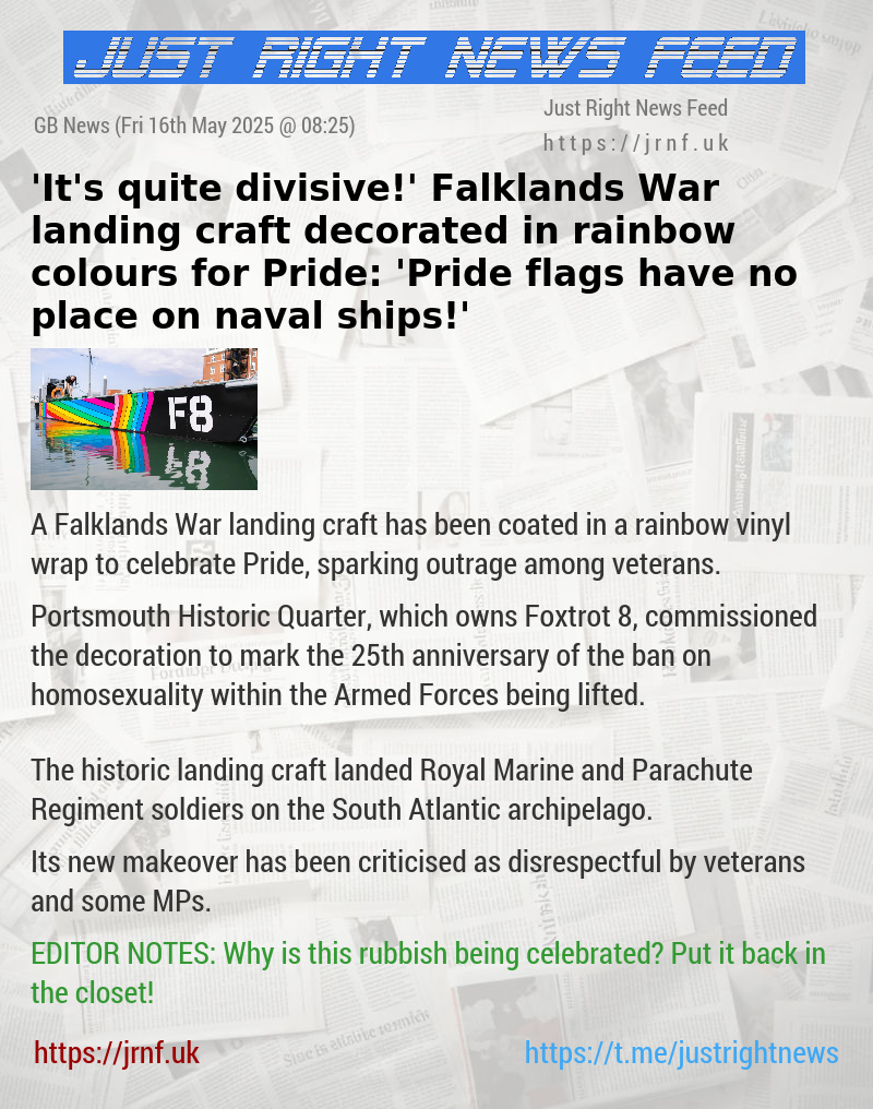 ’It’s quite divisive!’ Falklands War landing craft decorated in rainbow colours for Pride: ’Pride flags have no place on naval ships!’