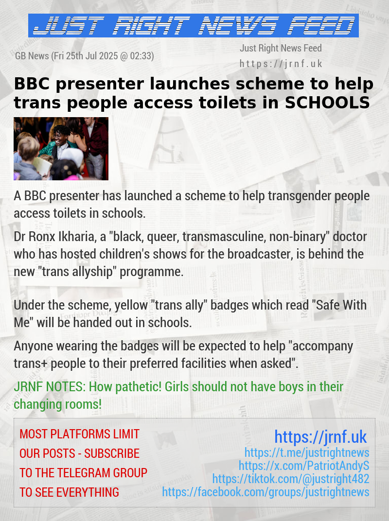 BBC presenter launches scheme to help trans people access toilets in SCHOOLS