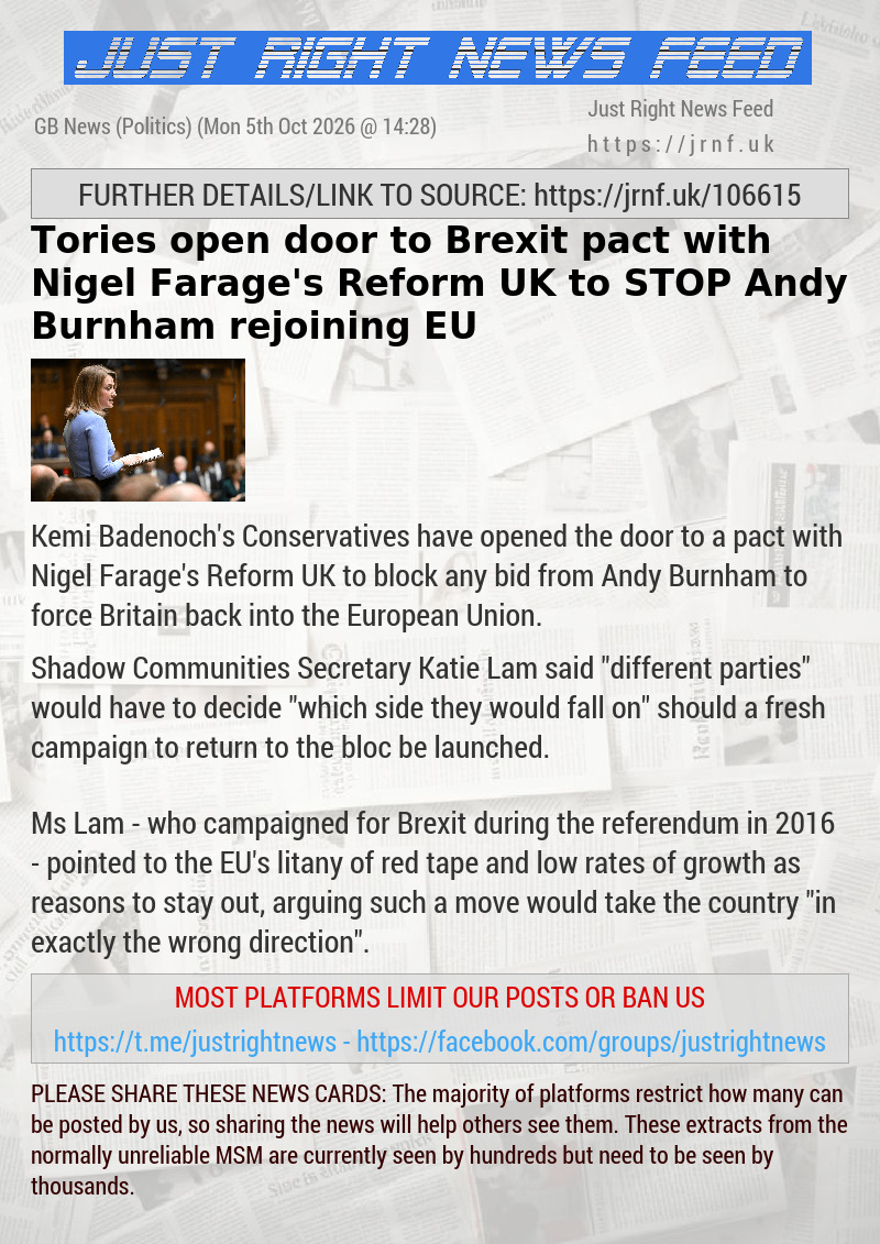 Tories open door to Brexit pact with Nigel Farage’s Reform UK to STOP Andy Burnham rejoining EU