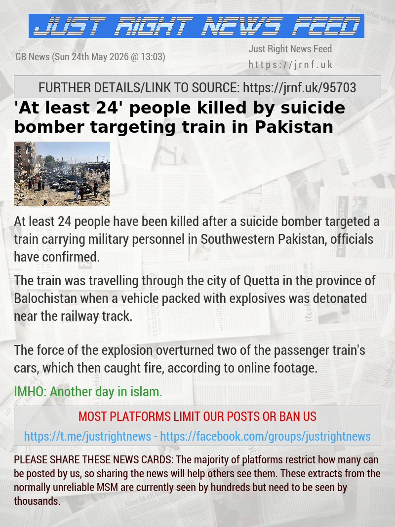 ‘At least 24’ people killed by suicide bomber targeting train in Pakistan