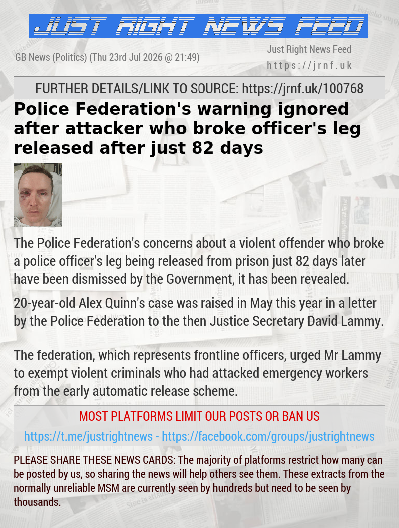 Police Federation’s warning ignored after attacker who broke officer’s leg released after just 82 days
