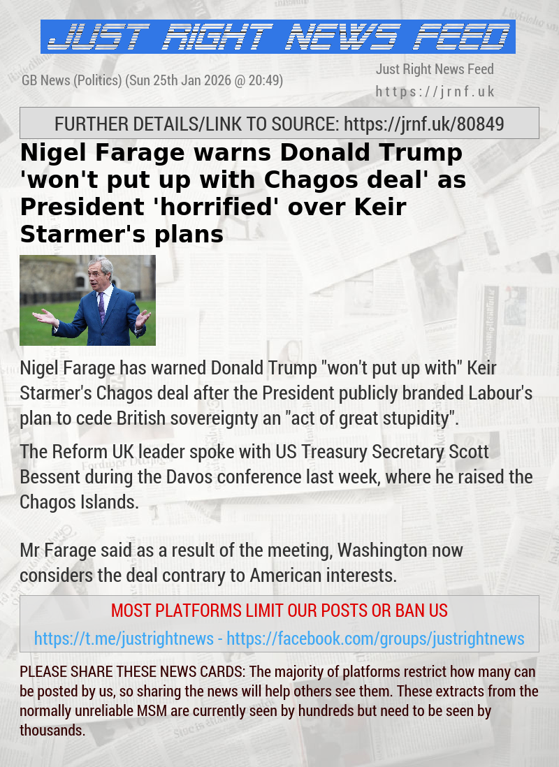 Nigel Farage warns Donald Trump ’won’t put up with Chagos deal’ as President ’horrified’ over Keir Starmer’s plans