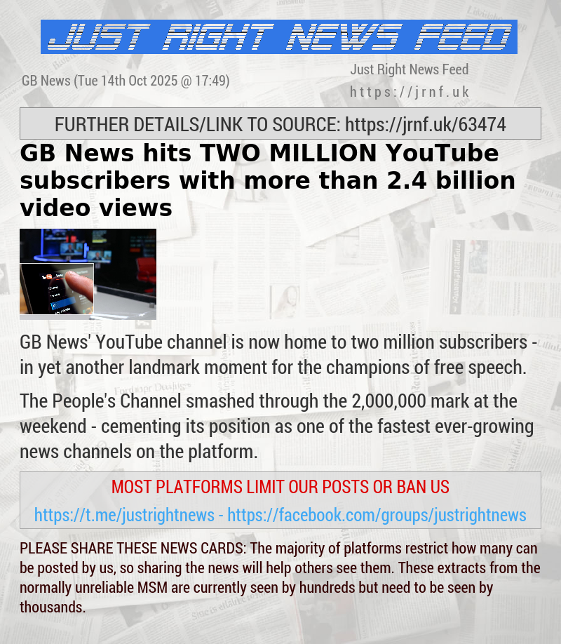 GB News hits TWO MILLION YouTube subscribers with more than 2.4 billion video views