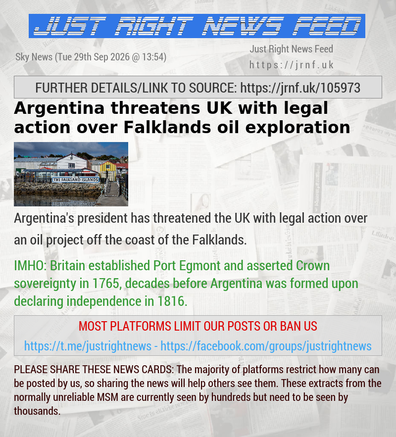 Argentina threatens UK with legal action over Falklands oil exploration