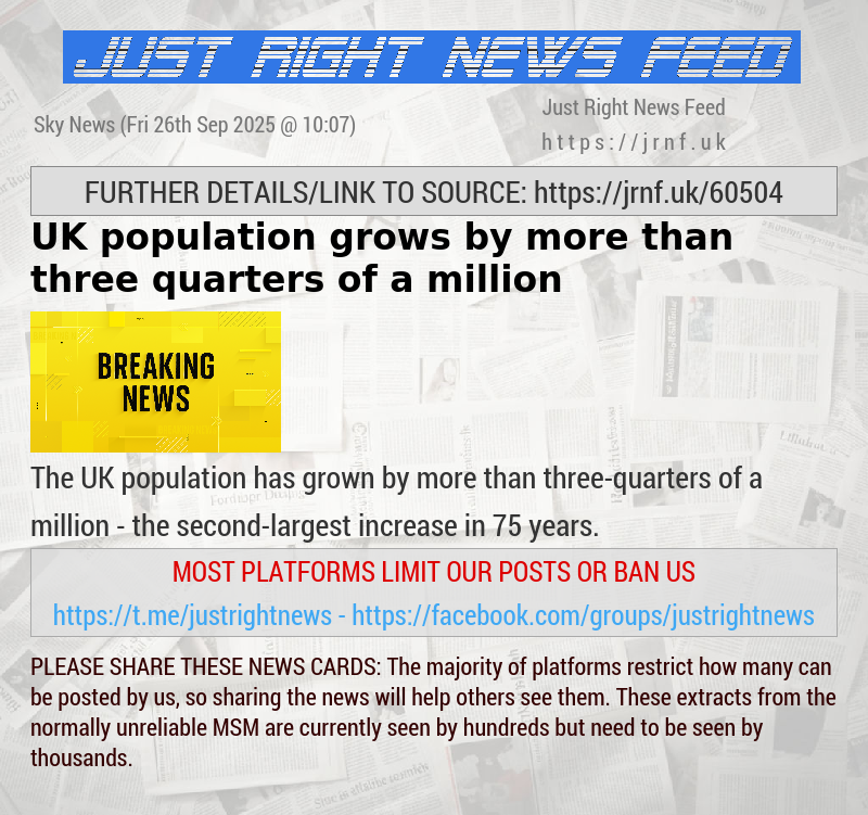 UK population grows by more than three—quarters of a million