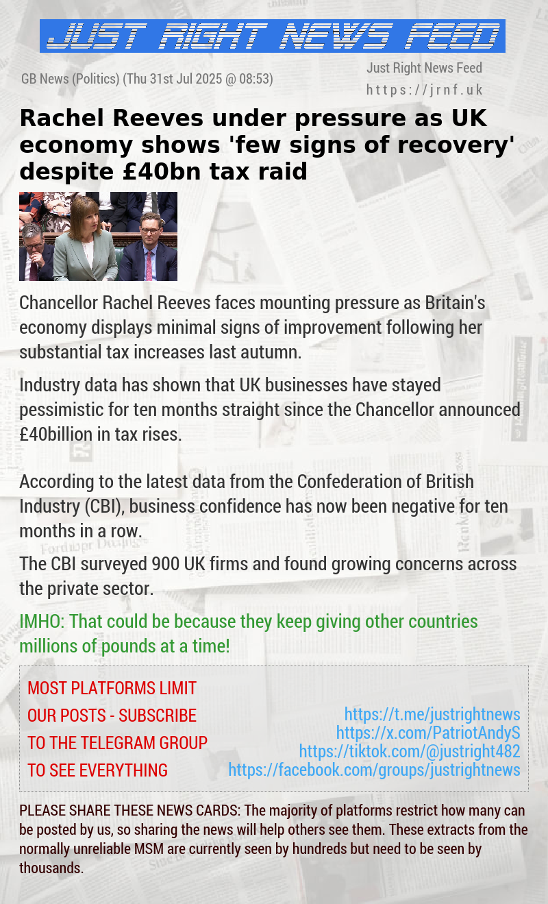 Rachel Reeves under pressure as UK economy shows ’few signs of recovery’ despite &pound;40bn tax raid