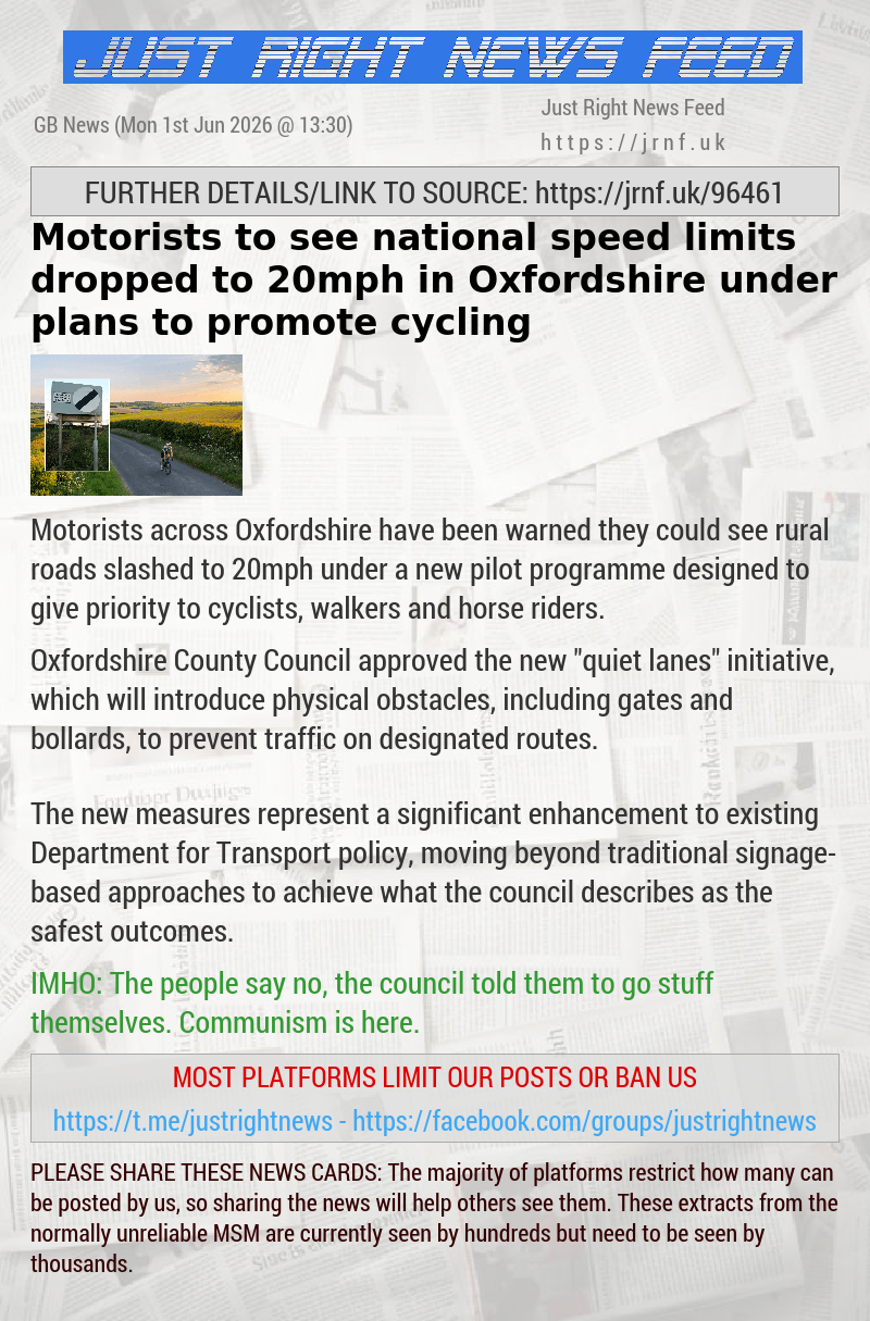 Motorists to see national speed limits dropped to 20mph in Oxfordshire under plans to promote cycling