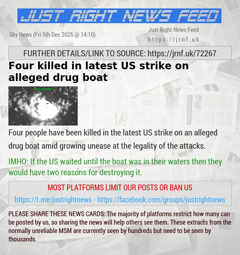 Four killed in latest US strike on alleged drug boat
