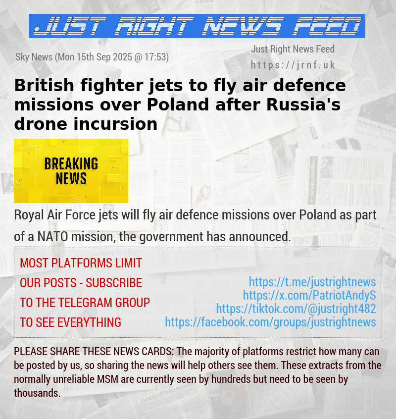 British fighter jets to fly air defence missions over Poland after Russia’s drone incursion